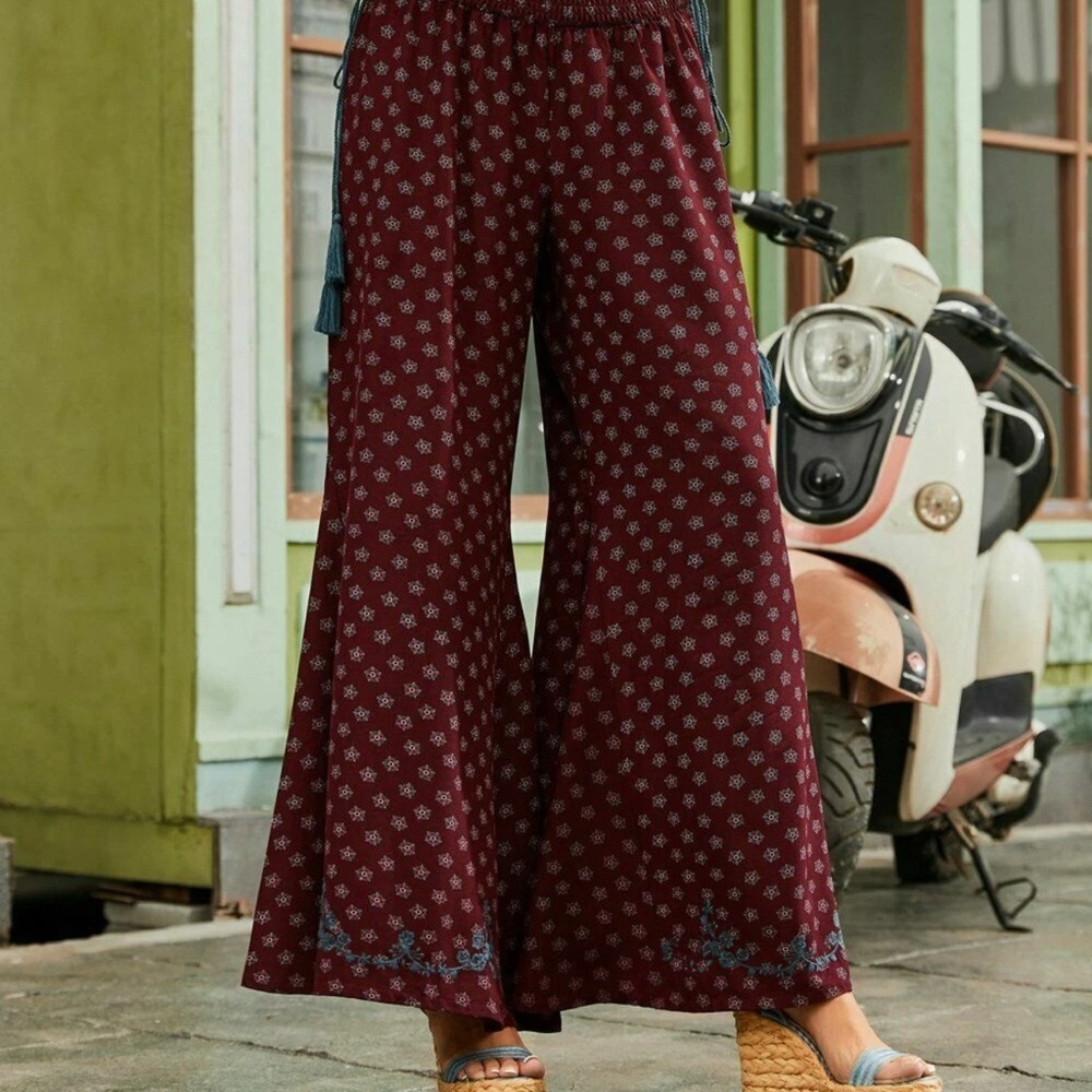 NEW Suzanne Betro Embroidery Tassel Tie Wide Leg Pants Small